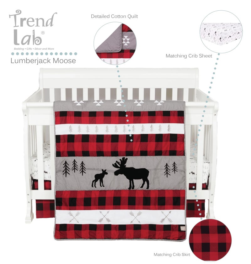 Trend Lab Lumberjack Moose 3 Piece Crib Bedding Set, Gender-Neutral Color Palette, Includes Quilt, Fitted Crib Sheet and Skirt - Image 2